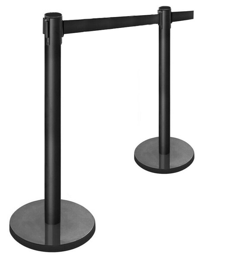 Set of 2 black retractable belt barrier queue posts